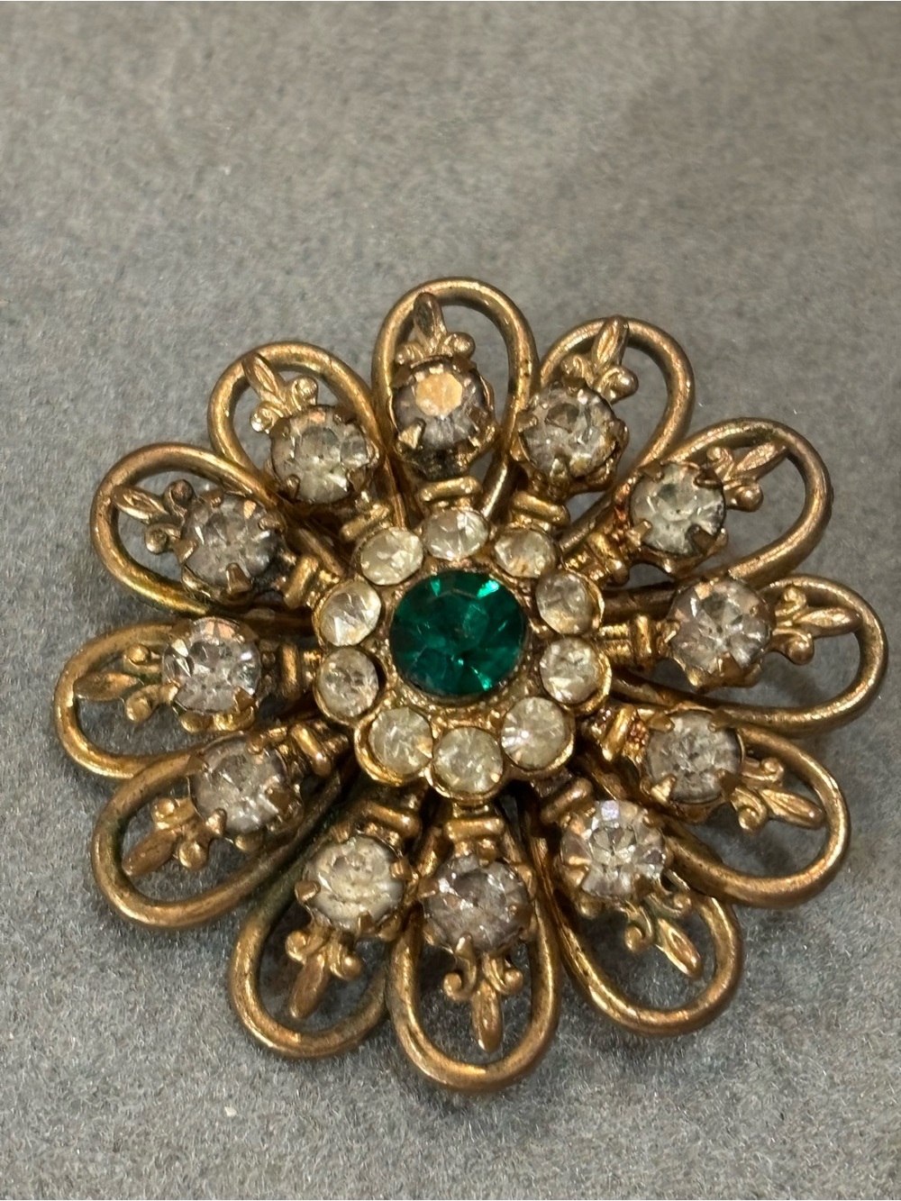 Vintage Gold Floral Brooch with Green and Clear Rhinestones